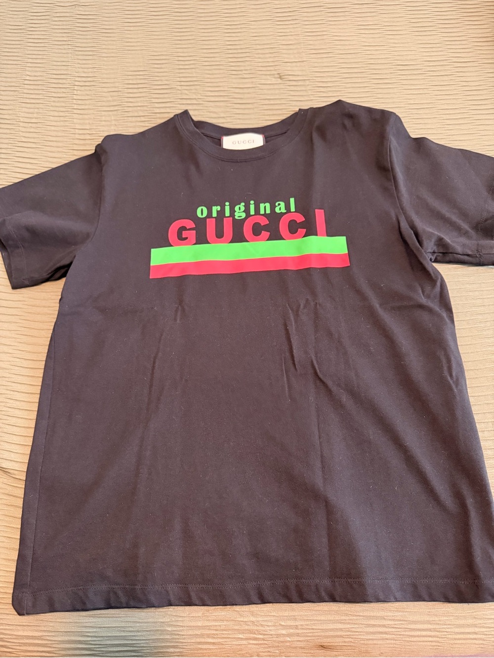 Gucci Black Tee with Red and Green Stripe Logo